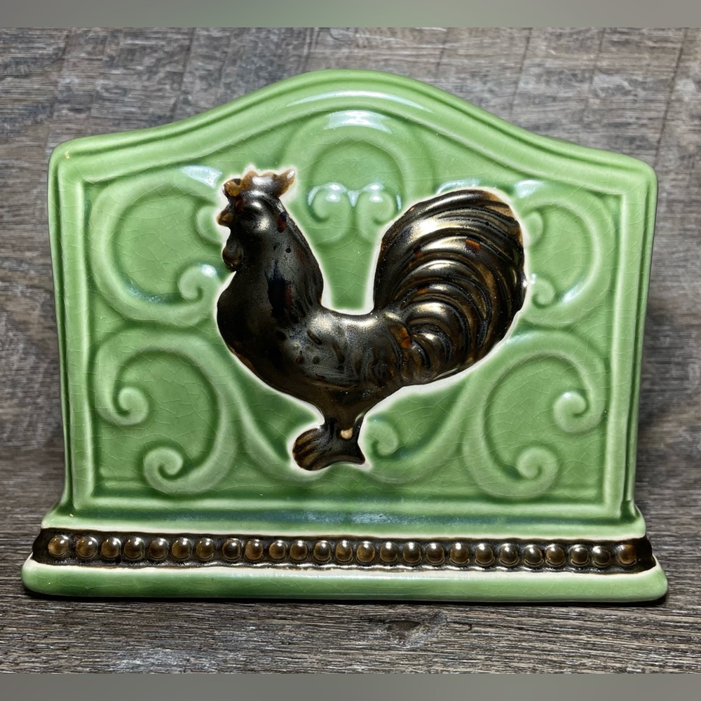Cracker Barrel~Rooster~Embossed Ceramic Napkin Holder~Green Brown~Farm House.